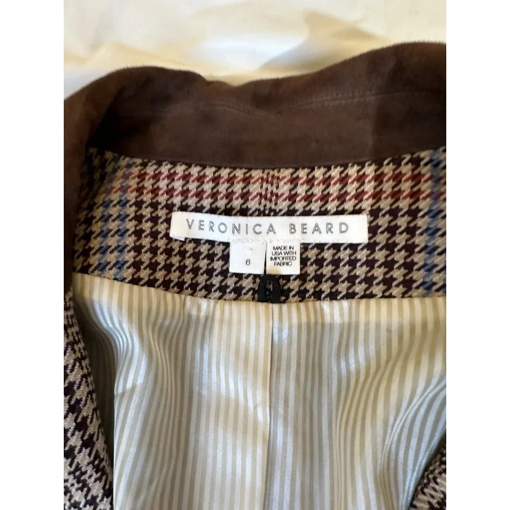 Veronica Beard Women's Destry Suede Trimmed Houndstooth Tweed Blazer Brown 6 - Picture 5 of 10